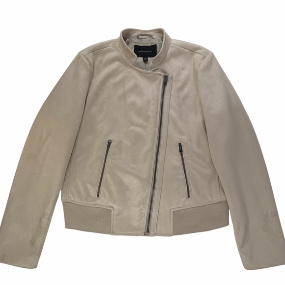 Banana Republic Ribbed Trim Vegan Suede Moto Jacket Size Medium Petite - Picture 2 of 15